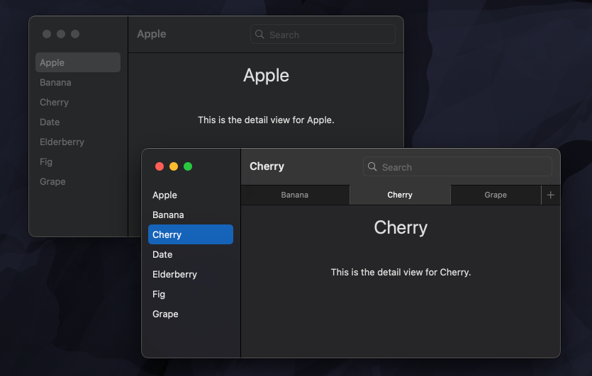 Screenshot of a Mac app that shows two windows with a different navigation state