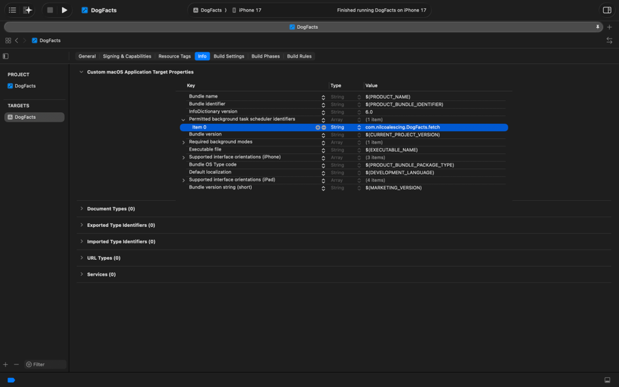 Xcode showing the Info tab of the DogFacts application target with Permitted background task scheduler identifiers array