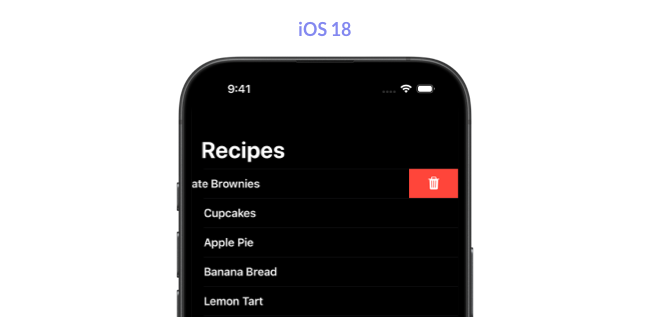 iPhone screen showing a list with a row swiped to the left to reveal the delete action displaying a trash symbol