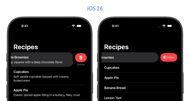 Two iPhone screens showing a delete swipe action: one with icon and title stacked vertically and one horizontally