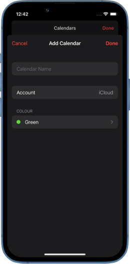 Screenshot of Apple Calendar app on iPhone showing new calendar modal sheet on top of calendars sheet