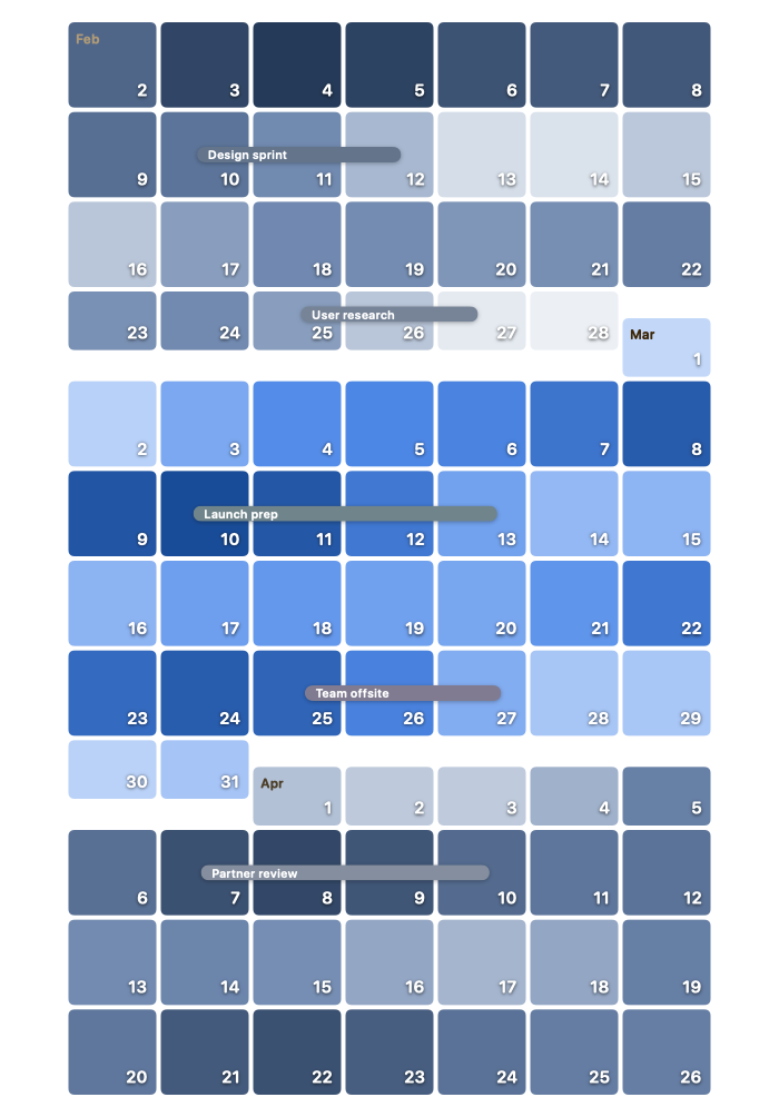 A calendar heat map with events spanning several days