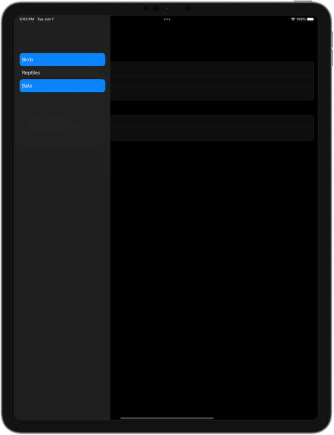 Screenshot of a split view on iPad showing a list of animal groups in the sidebar with two groups selected.