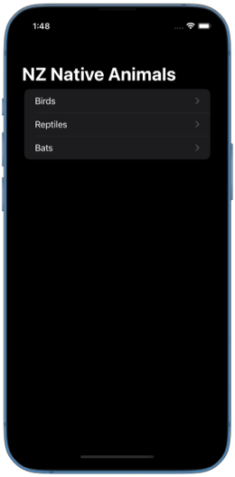Screenshot of navigation view with a list of New Zealand animal groups on iPhone