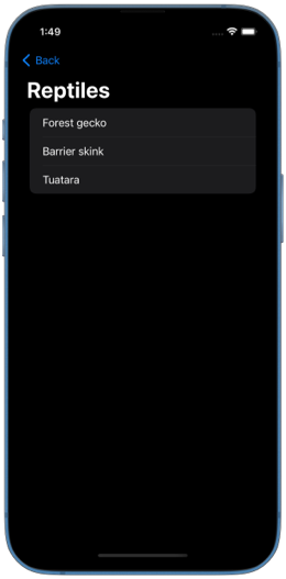 Screenshot of navigation view showing detail view for a group of New Zealand animals on iPhone