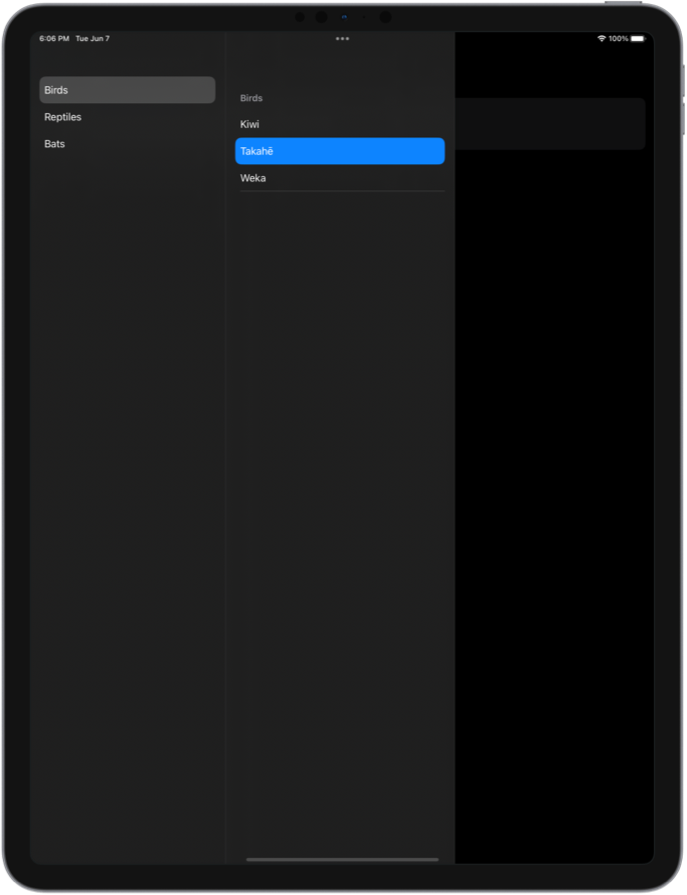 Screenshot of a three-column split view on iPad showing a list of animal groups in the sidebar, a list of animals in the middle column and animal description in the third column.