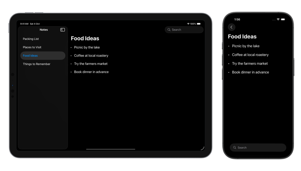 iPad and iPhone showing the same selected note with the search field in the top toolbar on iPad and at the bottom of the screen on iPhone