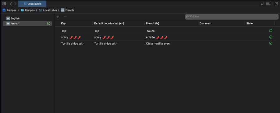 Xcode String Catalog showing three separately extracted localization keys, each with a French translation