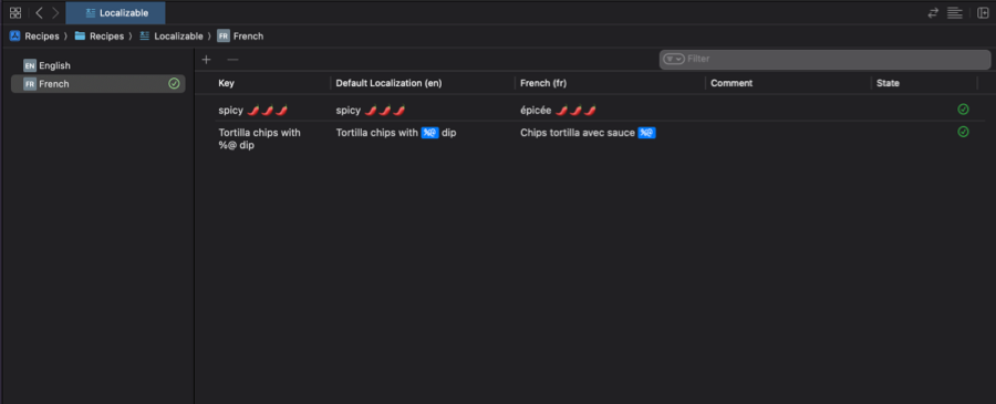 Xcode String Catalog showing interpolated text with reordered segments in the French translation