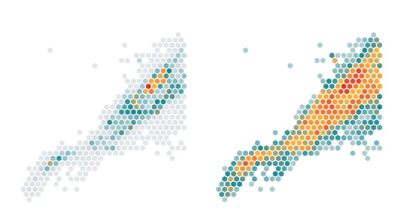 The same earthquake frequencies mapped with linear and symmetric-log colour scales in dark appearance