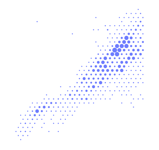 Earthquake frequency shown as indigo circles of varying size at occupied grid centres, without a coastline in dark appearance
