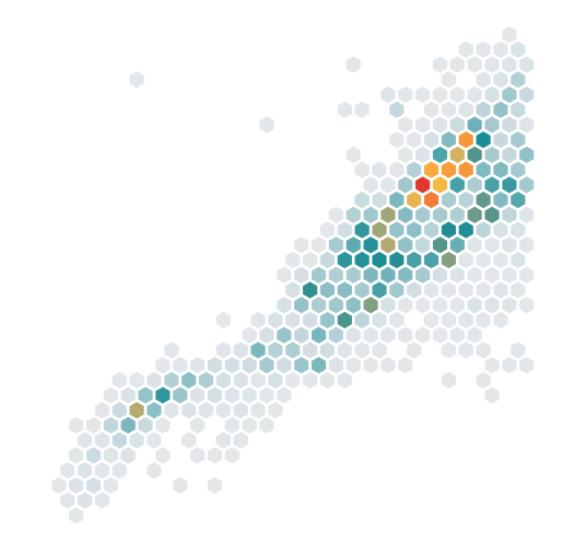 The earthquake heatmap using a linear colour scale, with most cells appearing near the low end of the palette