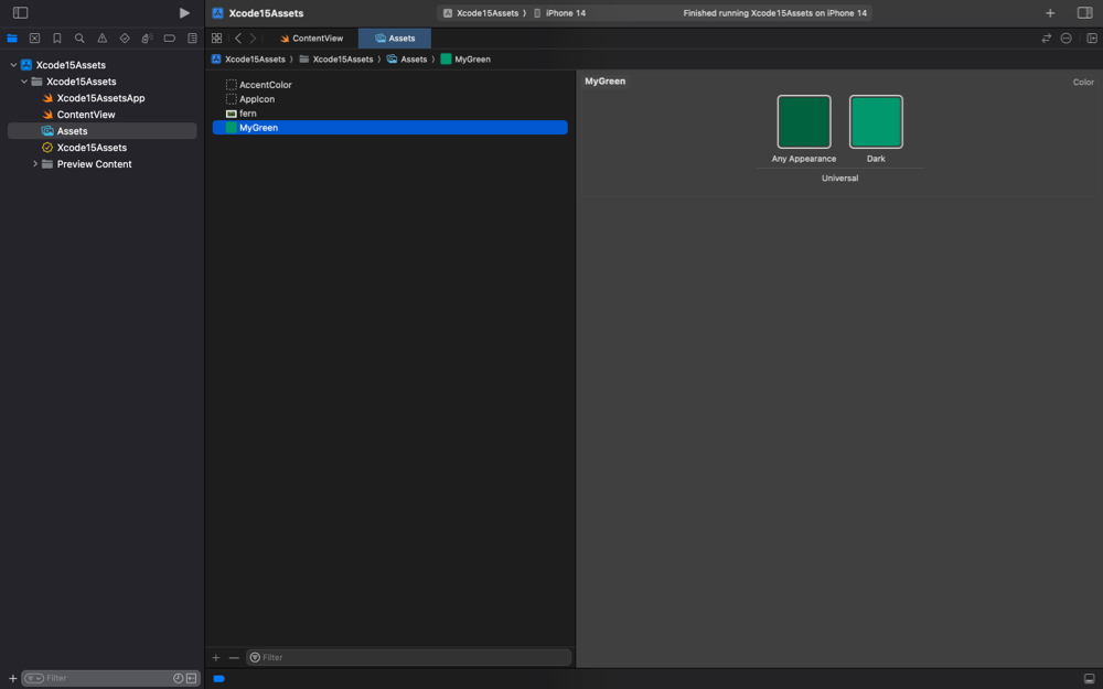 Screenshot of Xcode showing a custom green color in asset catalog