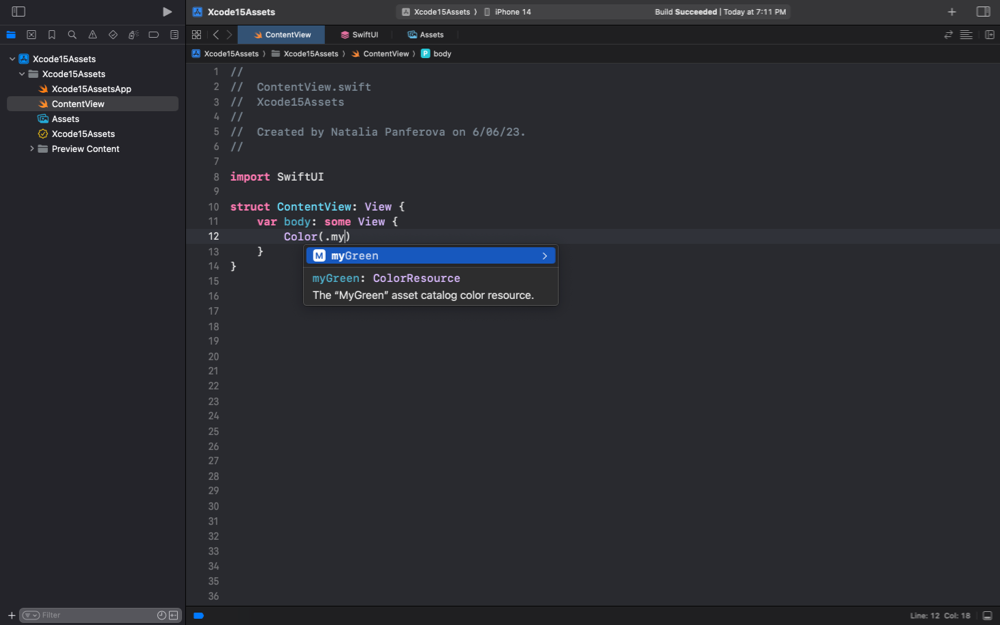 Screenshot of Xcode showing myGreen color autocompleted in SwiftUI